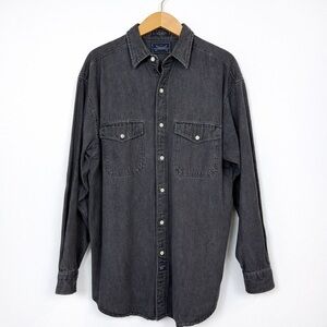 Men’s Washed Black Denim Button Down Shirt Large Workwear Western Vintage Arrow
